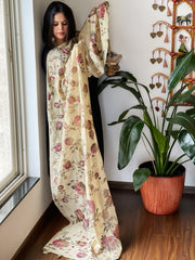 Beige Printed Kalamkari Dupatta in Chanderi Silk with Thread and Real Mirror Embroidery