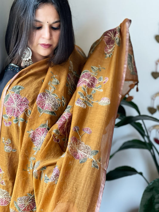 Mustard Printed Kalamkari Dupatta in Chanderi Silk with Thread and Real Mirror Embroidery