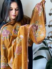 Mustard Printed Kalamkari Dupatta in Chanderi Silk with Thread and Real Mirror Embroidery