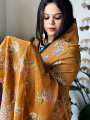 Mustard Printed Kalamkari Dupatta in Chanderi Silk with Thread and Real Mirror Embroidery