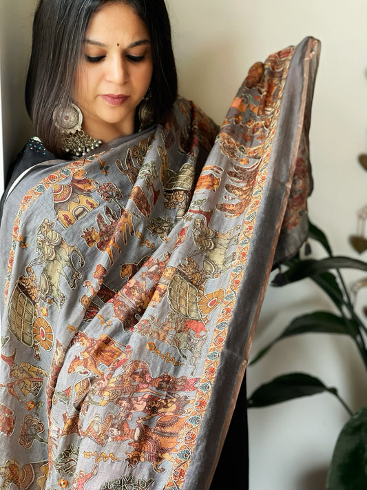 Grey Printed Kalamkari Dupatta in Chanderi Silk with Thread and Real Mirror Embroidery