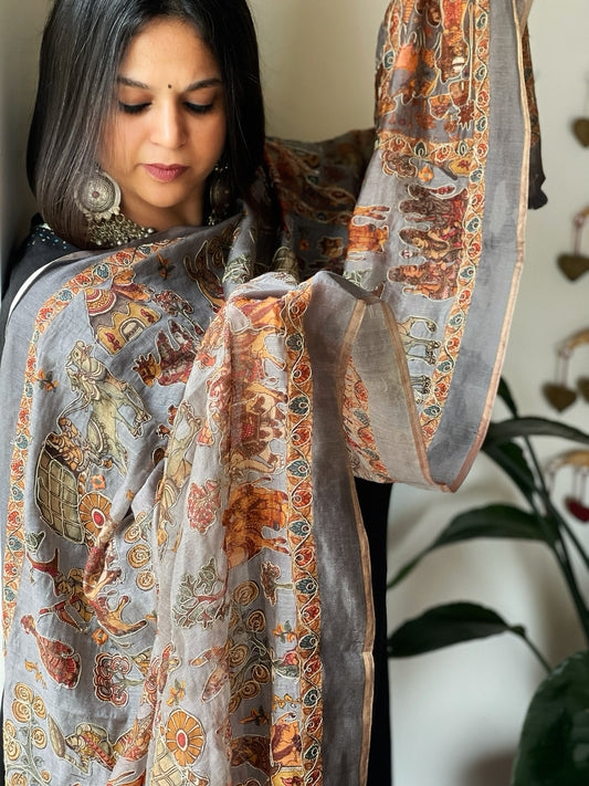 Grey Printed Kalamkari Dupatta in Chanderi Silk with Thread and Real Mirror Embroidery