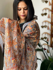 Grey Printed Kalamkari Dupatta in Chanderi Silk with Thread and Real Mirror Embroidery