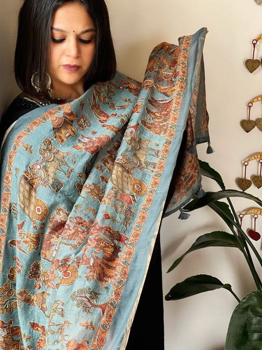 Sky Blue Printed Kalamkari Dupatta in Chanderi Silk with Thread and Real Mirror Embroidery