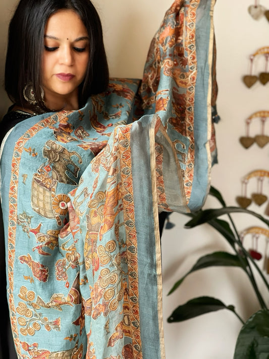 Sky Blue Printed Kalamkari Dupatta in Chanderi Silk with Thread and Real Mirror Embroidery