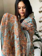 Sky Blue Printed Kalamkari Dupatta in Chanderi Silk with Thread and Real Mirror Embroidery