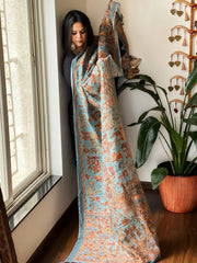 Sky Blue Printed Kalamkari Dupatta in Chanderi Silk with Thread and Real Mirror Embroidery