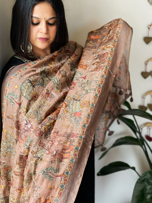 Peach Printed Kalamkari Dupatta in Chanderi Silk with Thread and Real Mirror Embroidery