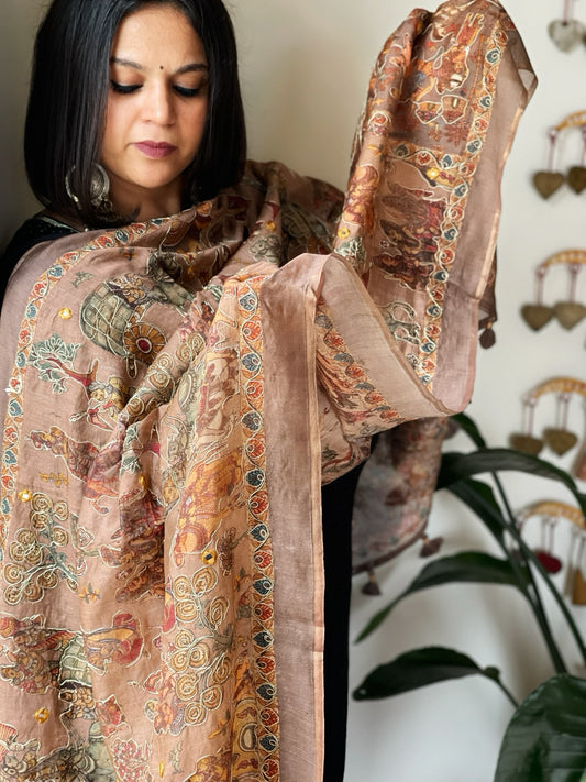 Peach Printed Kalamkari Dupatta in Chanderi Silk with Thread and Real Mirror Embroidery