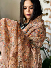 Peach Printed Kalamkari Dupatta in Chanderi Silk with Thread and Real Mirror Embroidery