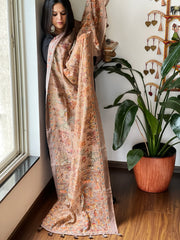 Peach Printed Kalamkari Dupatta in Chanderi Silk with Thread and Real Mirror Embroidery