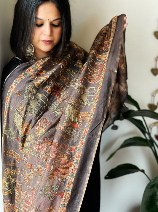 Grey Printed Kalamkari Dupatta in Chanderi Silk with Thread and Real Mirror Embroidery