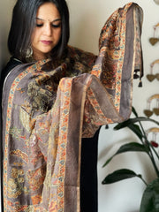 Grey Printed Kalamkari Dupatta in Chanderi Silk with Thread and Real Mirror Embroidery