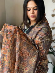 Grey Printed Kalamkari Dupatta in Chanderi Silk with Thread and Real Mirror Embroidery