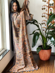 Grey Printed Kalamkari Dupatta in Chanderi Silk with Thread and Real Mirror Embroidery