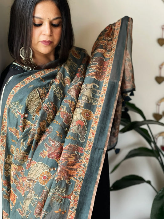 Teal Green Printed Kalamkari Dupatta in Chanderi Silk with Thread and Real Mirror Embroidery