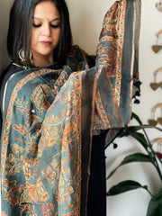 Teal Green Printed Kalamkari Dupatta in Chanderi Silk with Thread and Real Mirror Embroidery