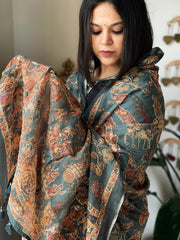 Teal Green Printed Kalamkari Dupatta in Chanderi Silk with Thread and Real Mirror Embroidery