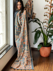 Teal Green Printed Kalamkari Dupatta in Chanderi Silk with Thread and Real Mirror Embroidery