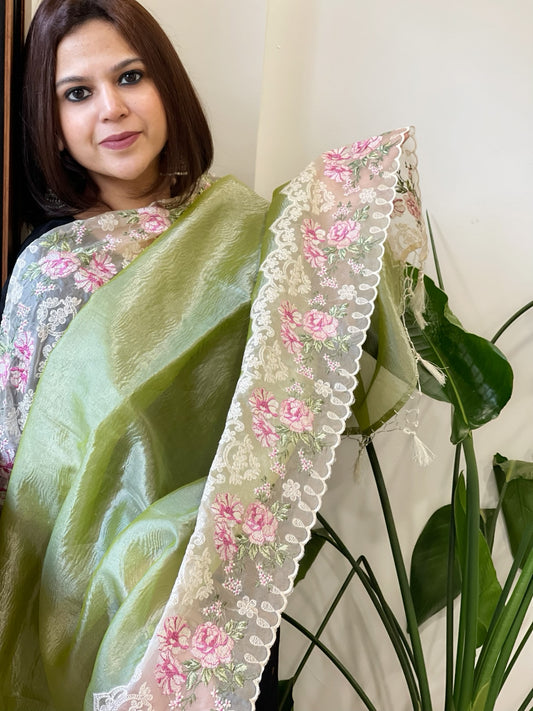 Leaf Green Tissue Dupatta with Organza Embroidered Border