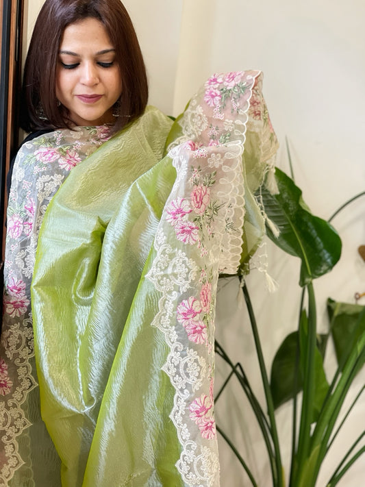 Leaf Green Tissue Dupatta with Organza Embroidered Border