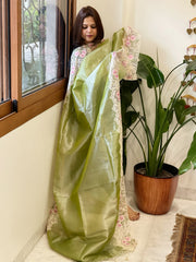 Leaf Green Tissue Dupatta with Organza Embroidered Border