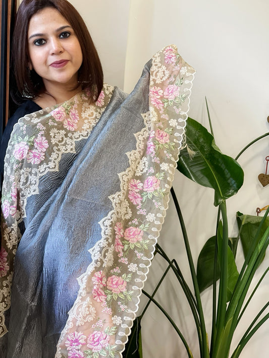 Greyish Blue Tissue Dupatta with Organza Embroidered Border