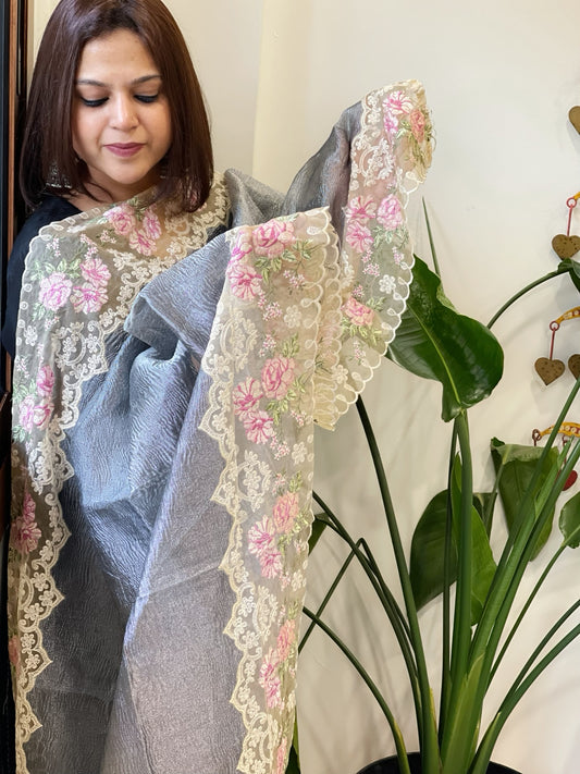 Greyish Blue Tissue Dupatta with Organza Embroidered Border