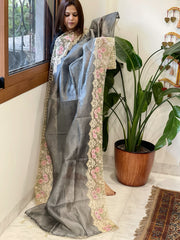 Greyish Blue Tissue Dupatta with Organza Embroidered Border
