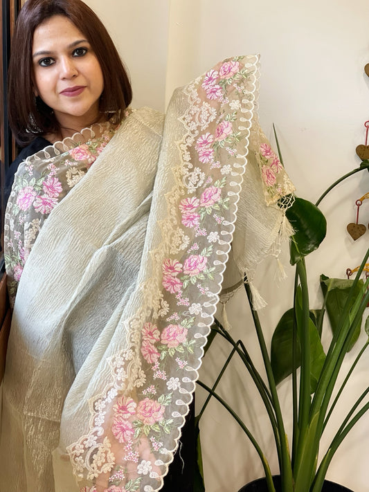 Grey Tissue Dupatta with Organza Embroidered Border