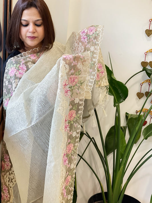 Grey Tissue Dupatta with Organza Embroidered Border