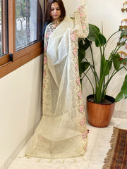 Grey Tissue Dupatta with Organza Embroidered Border