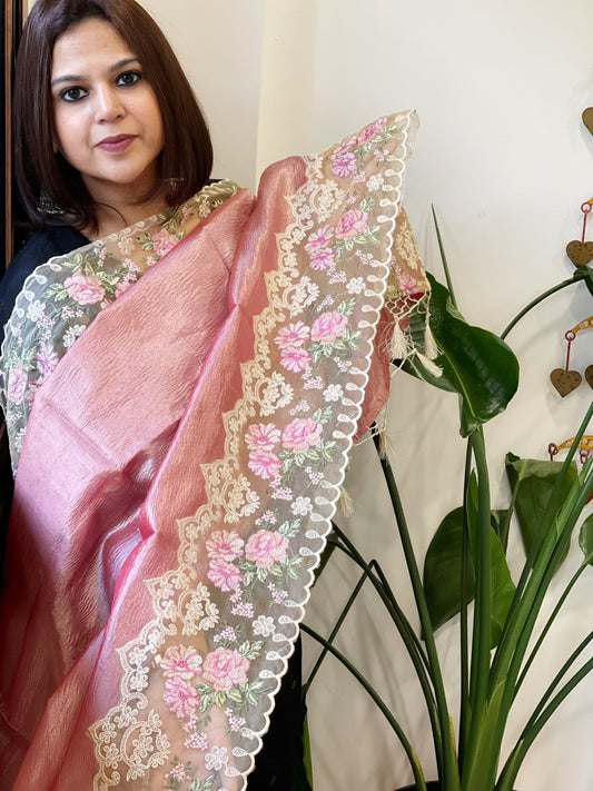 Pink Tissue Dupatta with Organza Embroidered Border