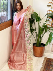 Pink Tissue Dupatta with Organza Embroidered Border