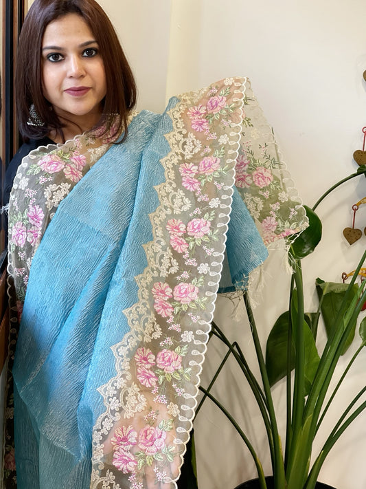 Sky Blue Tissue Dupatta with Organza Embroidered Border