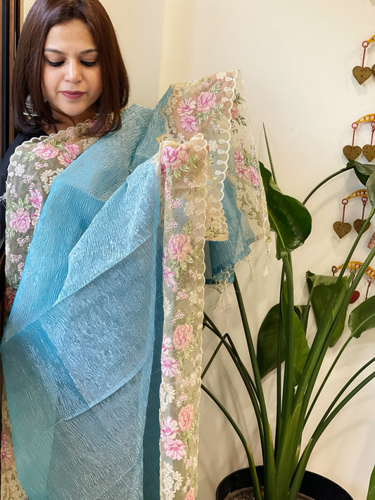 Sky Blue Tissue Dupatta with Organza Embroidered Border