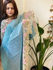 Sky Blue Tissue Dupatta with Organza Embroidered Border