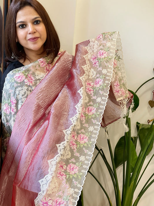 Pink Tissue Dupatta with Organza Embroidered Border