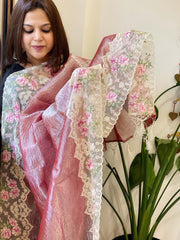 Pink Tissue Dupatta with Organza Embroidered Border