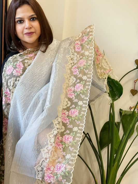 Silver Tissue Dupatta with Organza Embroidered Border