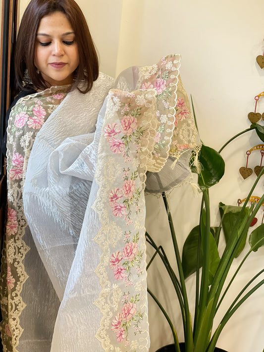 Silver Tissue Dupatta with Organza Embroidered Border