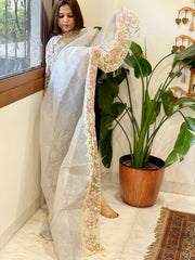 Silver Tissue Dupatta with Organza Embroidered Border
