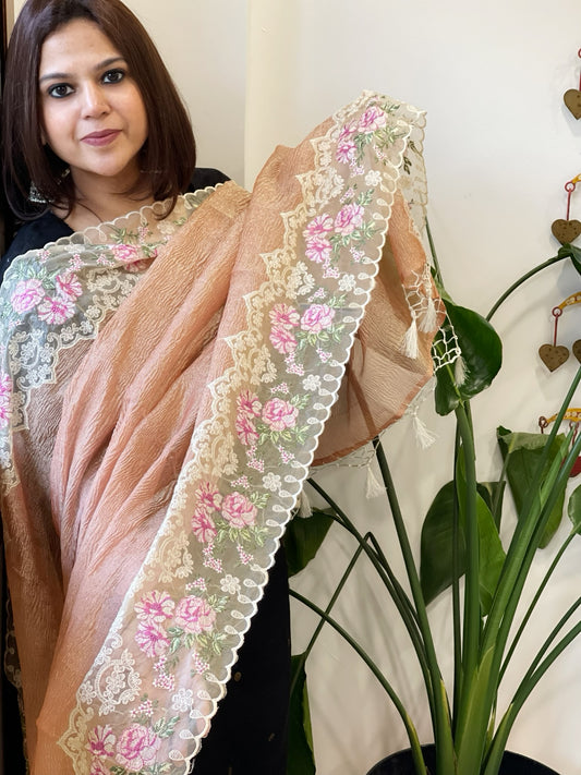 Peach Tissue Dupatta with Organza Embroidered Border