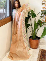 Peach Tissue Dupatta with Organza Embroidered Border