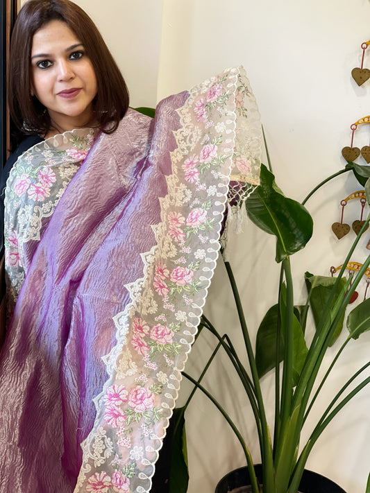 Purple Tissue Dupatta with Organza Embroidered Border