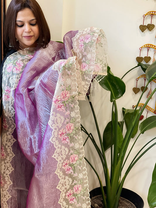 Purple Tissue Dupatta with Organza Embroidered Border