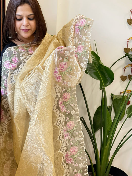 Yellowish Gold Tissue Dupatta with Organza Embroidered Border