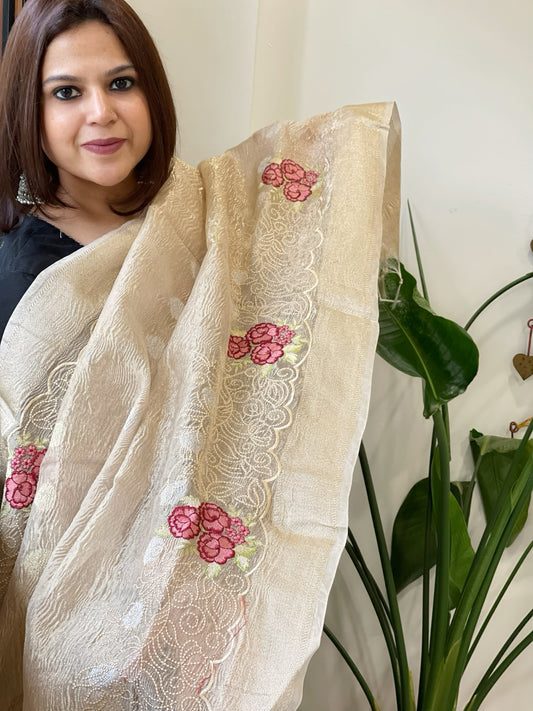 Copper Gold Tissue Dupatta with Thread Embroidery