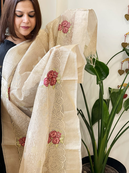 Copper Gold Tissue Dupatta with Thread Embroidery