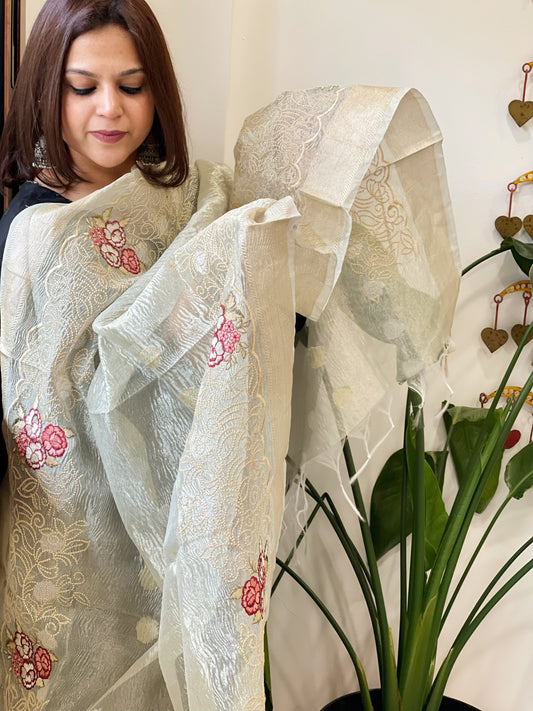 Greyish Blue Tissue Dupatta with Thread Embroidery